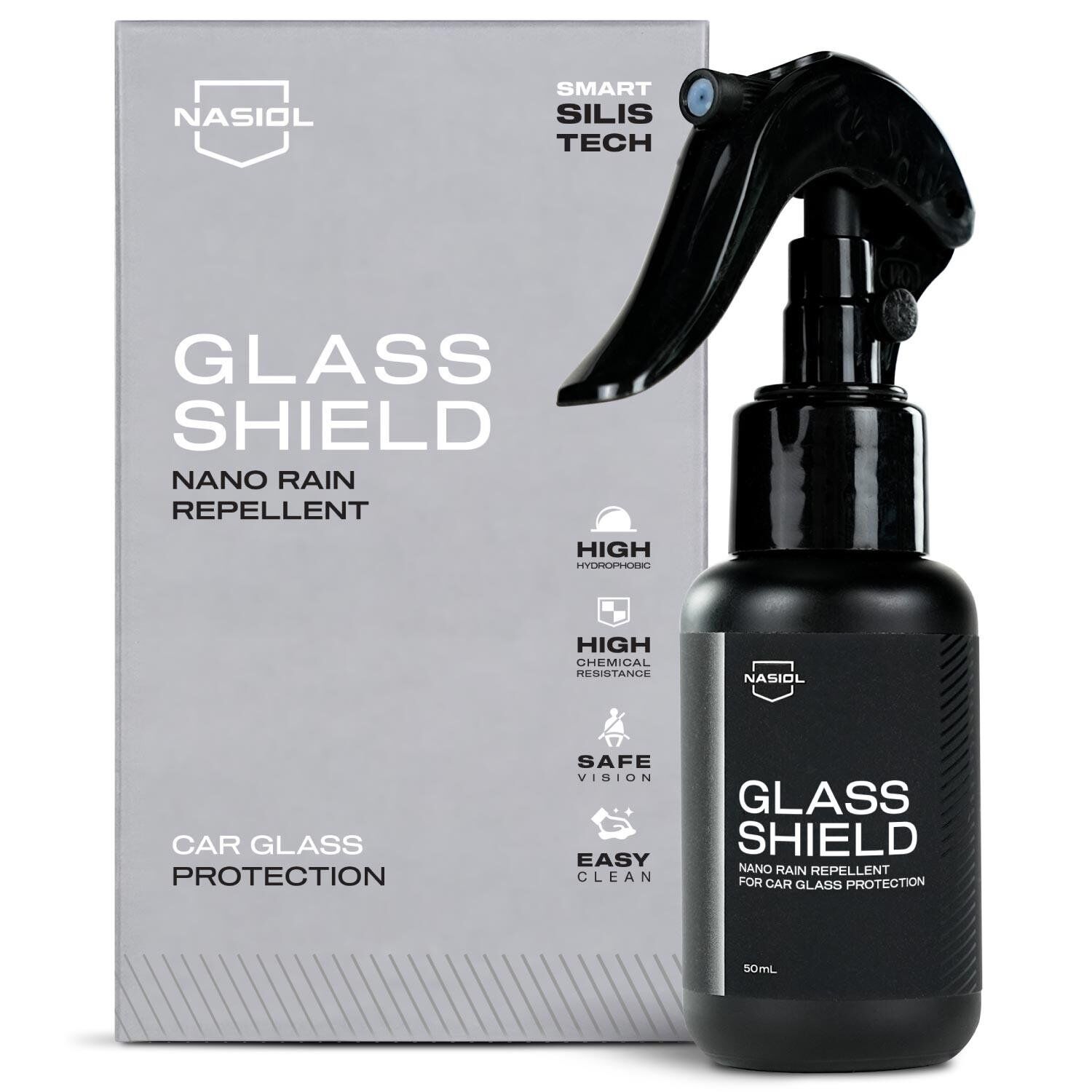 Nasiol Glasshield Nano Yağmur Kaydırıcı - Cam Yüzey Seramik Kaplama Spreyi - 2 Yıl Dayanım 50ml